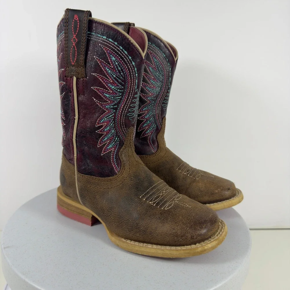Ariat Vaquera Kids Western Cowboy Boots Leather Purple Brown Square Toe Size 8.5